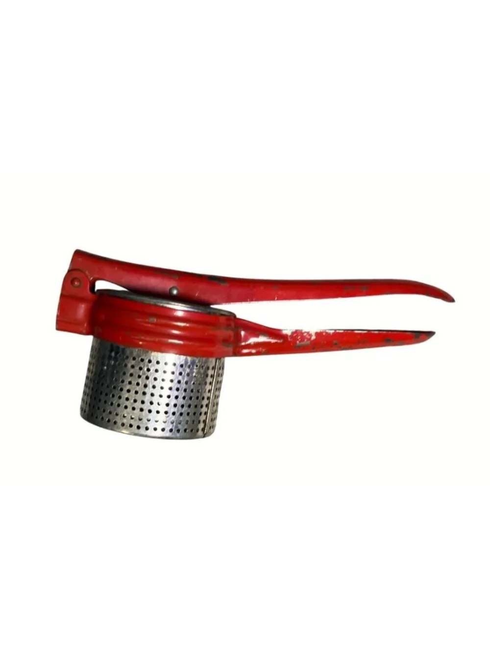 Red Metal Potato Ricer With Perforated Basket And Press Handle Vintage